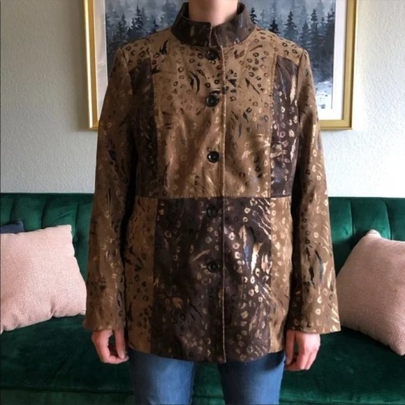 Vintage Erin London Brown Corduroy Patchwork Leopard Print Jacket - Picture 1 of 6
